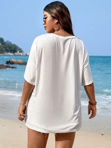 SHEIN Qutie Plus Floral Print Drop Shoulder Tee - White - View 2