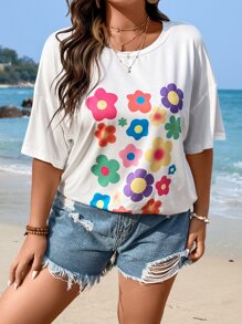 SHEIN Qutie Plus Floral Print Drop Shoulder Tee - White - View 3