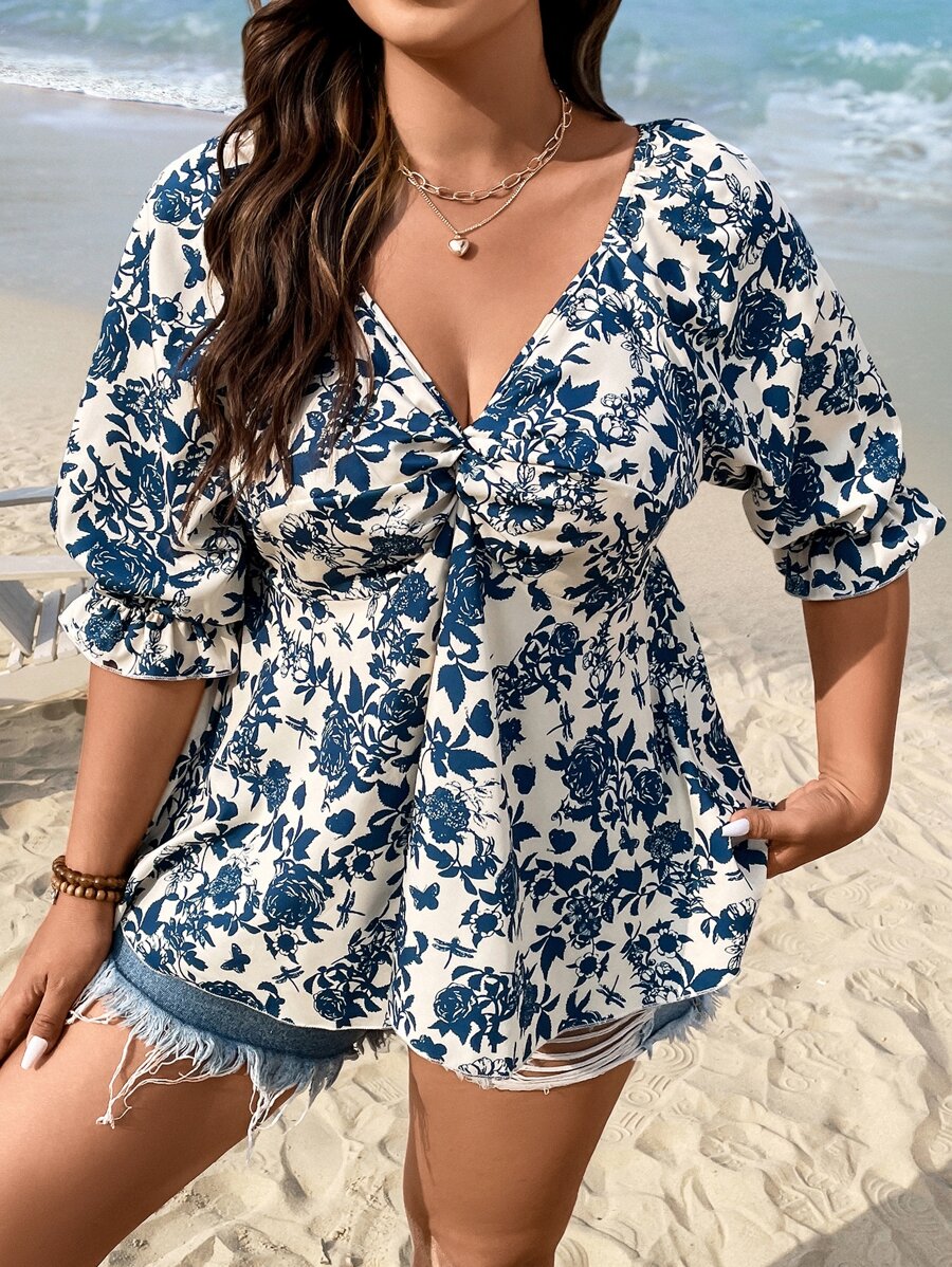 SHEIN Holidaya Plus Floral Print Twist Front Peplum Blouse - Multicolor - View 1