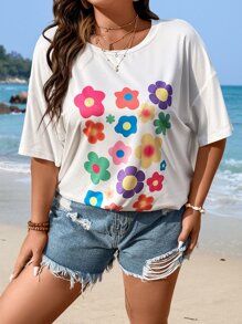 SHEIN Qutie Plus Floral Print Drop Shoulder Tee - White - View 4