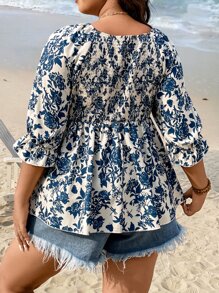 SHEIN Holidaya Plus Floral Print Twist Front Peplum Blouse - Multicolor - View 2