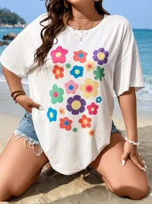 SHEIN Qutie Plus Floral Print Drop Shoulder Tee - White - View 5