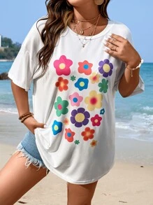 SHEIN Qutie Plus Floral Print Drop Shoulder Tee - White - View 6
