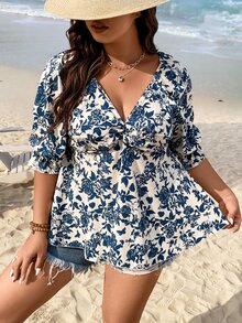SHEIN Holidaya Plus Floral Print Twist Front Peplum Blouse - Multicolor - View 4