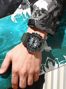 TOMI 1pc Men Green TPU Strap Sporty Date Round Dial Digital Watch, For Daily Life - Army Green - View 2