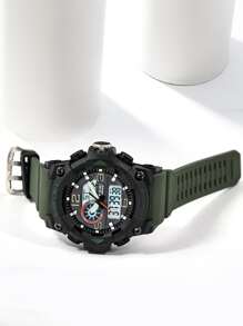 TOMI 1pc Men Green TPU Strap Sporty Date Round Dial Digital Watch, For Daily Life - Army Green - View 3