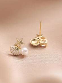 1 Đôi Thời Trang Kim Cương Giả & Vỏ Chi Tiết Bông Tai Dành Cho Nữ Dự Tiệc - Vàng - Xem 2