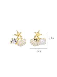 1 Đôi Thời Trang Kim Cương Giả & Vỏ Chi Tiết Bông Tai Dành Cho Nữ Dự Tiệc - Vàng - Xem 3