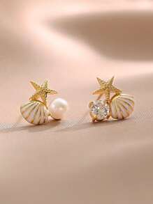 1 Đôi Thời Trang Kim Cương Giả & Vỏ Chi Tiết Bông Tai Dành Cho Nữ Dự Tiệc - Vàng - Xem 6