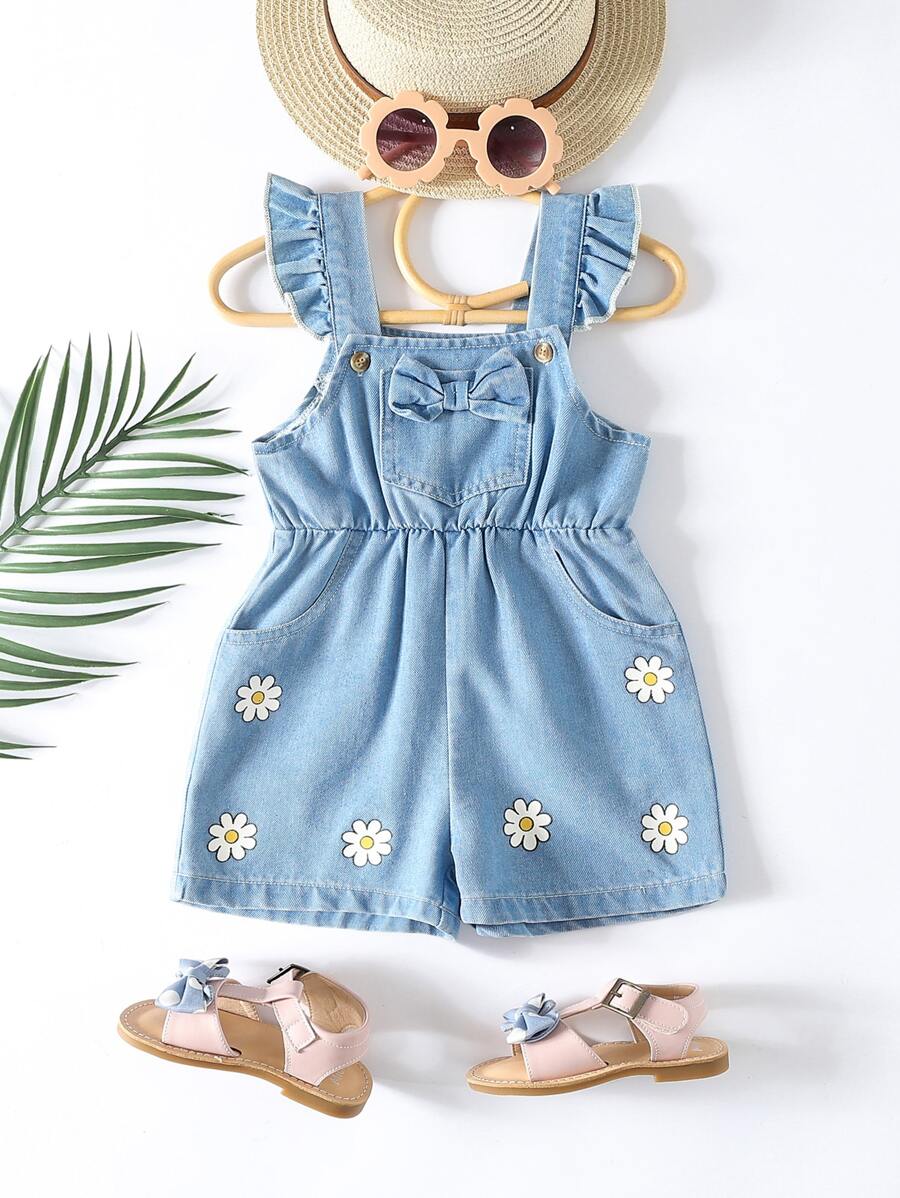 Baby Floral Print Bow Front Ruffle Trim Denim Dungaree Romper - Light Wash - View 1