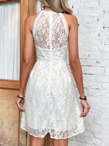 SHEIN VCAY Solid Lace Overlay Halter Neck Dress - White - View 2