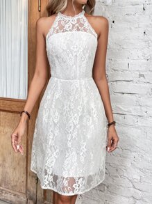 SHEIN VCAY Solid Lace Overlay Halter Neck Dress - White - View 5