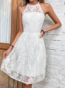 SHEIN VCAY Solid Lace Overlay Halter Neck Dress - White - View 6