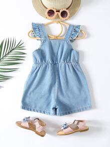 Baby Floral Print Bow Front Ruffle Trim Denim Dungaree Romper - Light Wash - View 2