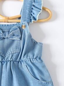 Baby Floral Print Bow Front Ruffle Trim Denim Dungaree Romper - Light Wash - View 4