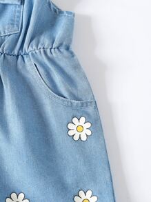 Baby Floral Print Bow Front Ruffle Trim Denim Dungaree Romper - Light Wash - View 6