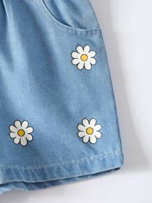 Baby Floral Print Bow Front Ruffle Trim Denim Dungaree Romper - Light Wash - View 5