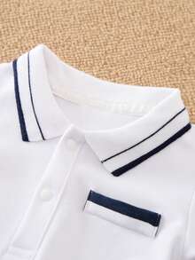 Yierying 男嬰條紋飾邊Polo領連身褲 - 白色 - 查看 3