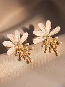 1對時尚珍珠和花朵裝飾耳釘適用於女士日常裝飾 - 金黃色 - 查看 1