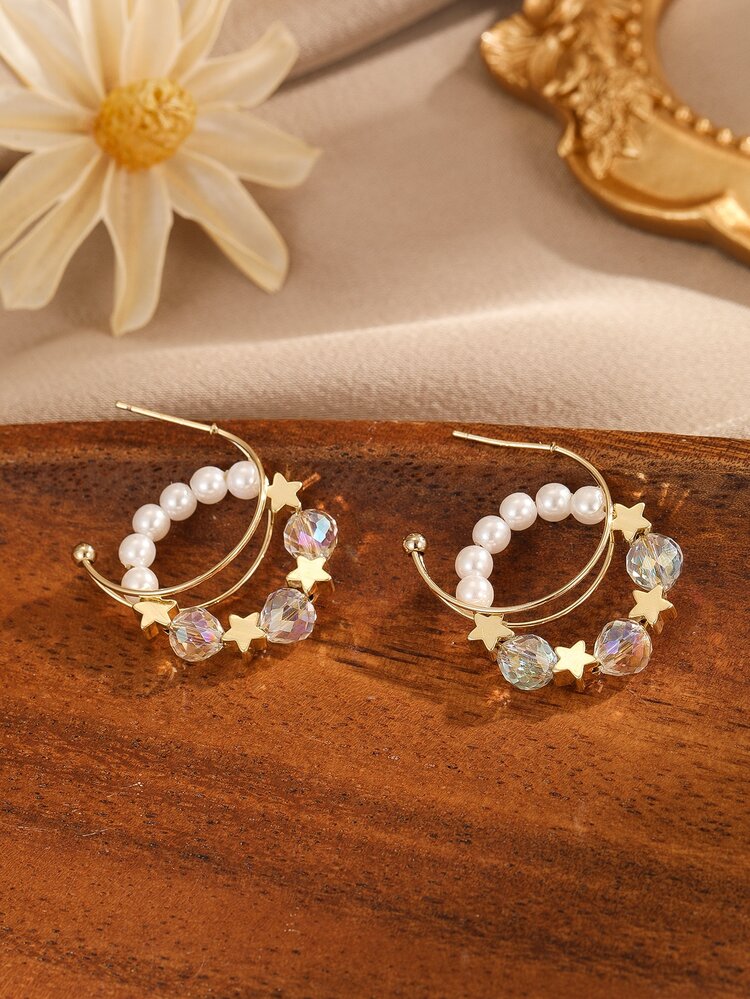 1pair Creative Star & Faux Pearl Drop Earrings For Women For Party - Yellow Gold - View 1