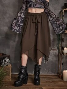 ROMWE Goth Solid Belted Asymmetrical Hem Skirt - Chocolate Brown - View 1