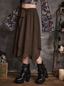 ROMWE Goth Solid Belted Asymmetrical Hem Skirt - Chocolate Brown - View 4