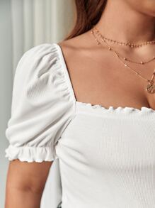 SHEIN Frenchy Plus Square Neck Puff Sleeve Frill Trim Tee - White - View 4