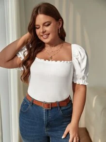 SHEIN Frenchy Plus Square Neck Puff Sleeve Frill Trim Tee - White - View 5