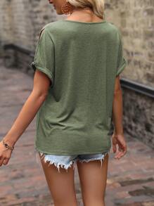 SHEIN LUNE 素色開衩袖T恤 - 軍綠色 - 查看 2