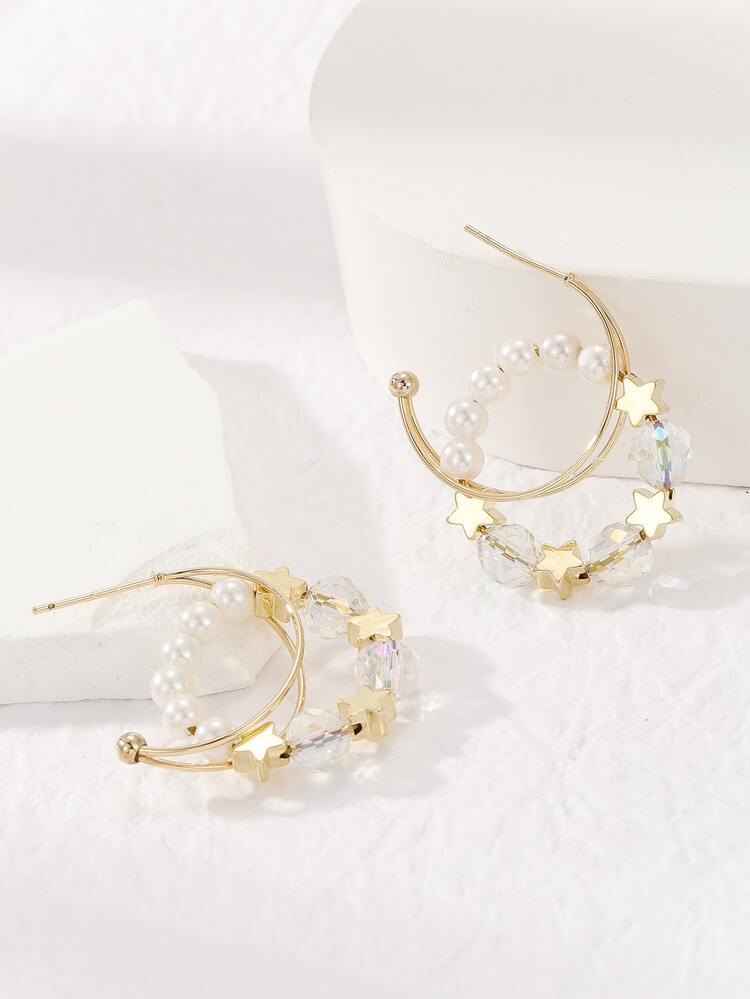 1pair Creative Star & Faux Pearl Drop Earrings For Women For Party - Yellow Gold - View 2