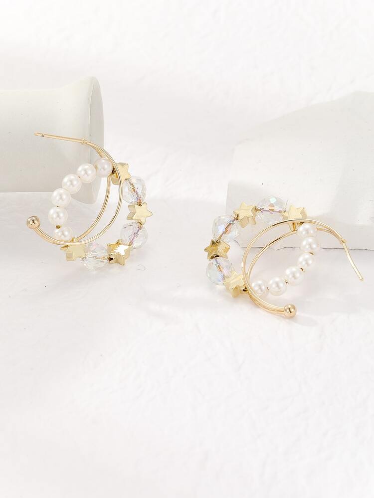 1pair Creative Star & Faux Pearl Drop Earrings For Women For Party - Yellow Gold - View 3