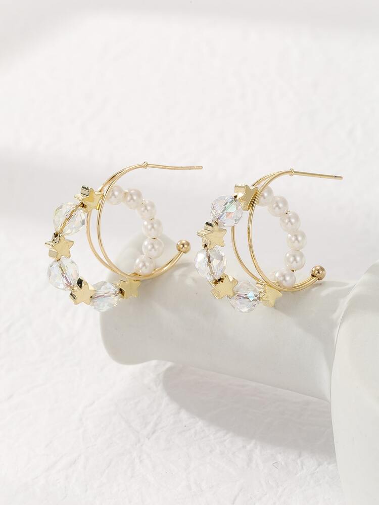 1pair Creative Star & Faux Pearl Drop Earrings For Women For Party - Yellow Gold - View 5