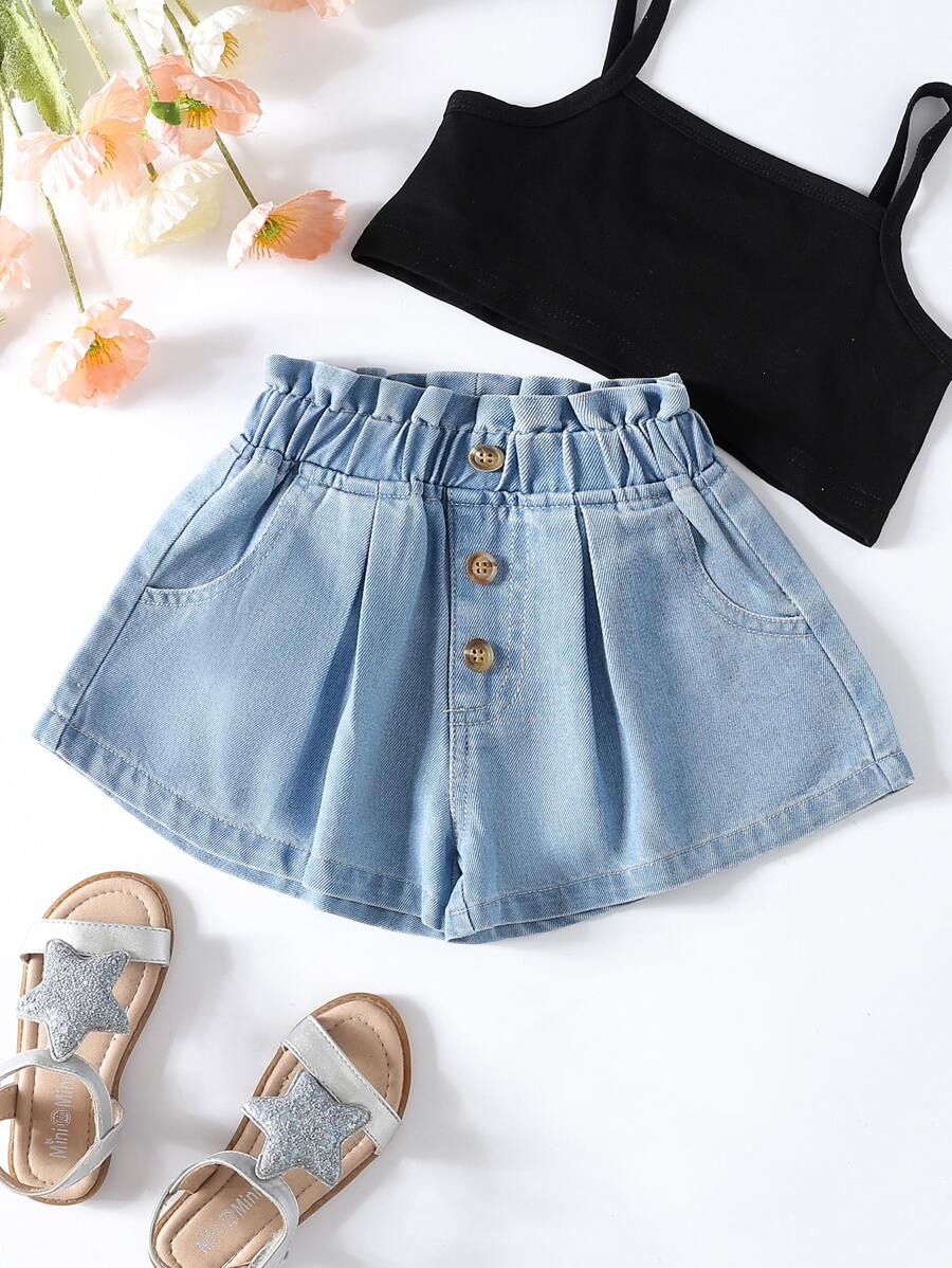 Baby Paperbag Waist Button Front Denim Shorts - Light Wash - View 1