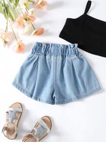 Baby Paperbag Waist Button Front Denim Shorts - Light Wash - View 2