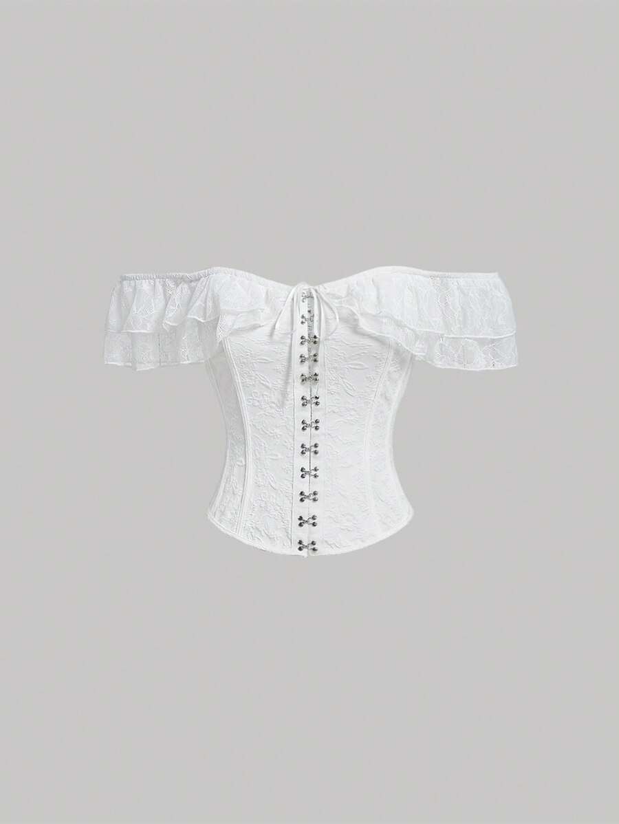 SHEIN MOD 一字肩蕾絲邊鉤眼扣前襯衫 - 白色 - 查看 1