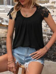 SHEIN LUNE 拼接水溶蕾絲插肩袖拼接細節T恤 - 黑色 - 查看 4