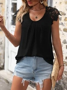 SHEIN LUNE 拼接水溶蕾絲插肩袖拼接細節T恤 - 黑色 - 查看 5