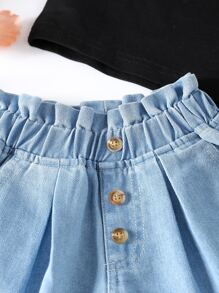Baby Paperbag Waist Button Front Denim Shorts - Light Wash - View 4