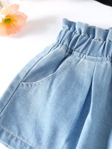 Baby Paperbag Waist Button Front Denim Shorts - Light Wash - View 5