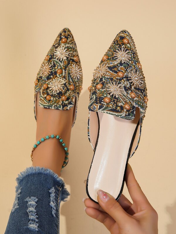 Women Paisley Pattern Rhinestone Decor Point Toe Flat Mules, Fashion