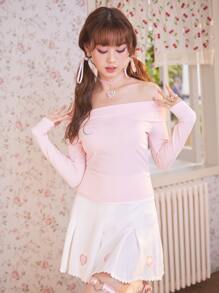 ROMWE Kawaii Off Shoulder Foldover Front Ribbed Knit Tee, School - Baby Pink - View 1