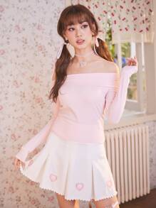 ROMWE Kawaii Off Shoulder Foldover Front Ribbed Knit Tee, School - Baby Pink - View 2