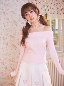 ROMWE Kawaii Off Shoulder Foldover Front Ribbed Knit Tee, School - Baby Pink - View 3