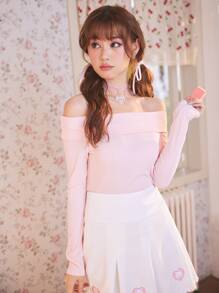 ROMWE Kawaii Off Shoulder Foldover Front Ribbed Knit Tee, School - Baby Pink - View 4