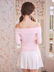 ROMWE Kawaii Off Shoulder Foldover Front Ribbed Knit Tee, School - Baby Pink - View 5