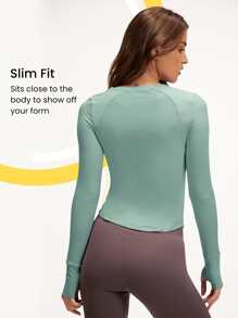 GLOWMODE FeatherFit™ Waist Slimming Curved Long Sleeve Top Low Impact Yoga Daily Summer - Mist Green - View 2