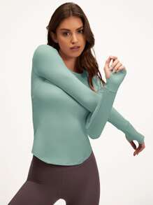 GLOWMODE FeatherFit™ Waist Slimming Curved Long Sleeve Top Low Impact Yoga Daily Summer - Mist Green - View 6