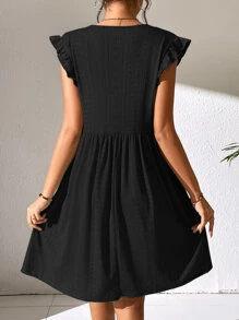SHEIN LUNE Solid Ruffle Trim Smock Dress - Black - View 2