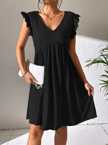 SHEIN LUNE Solid Ruffle Trim Smock Dress - Black - View 3