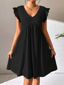 SHEIN LUNE Solid Ruffle Trim Smock Dress - Black - View 5